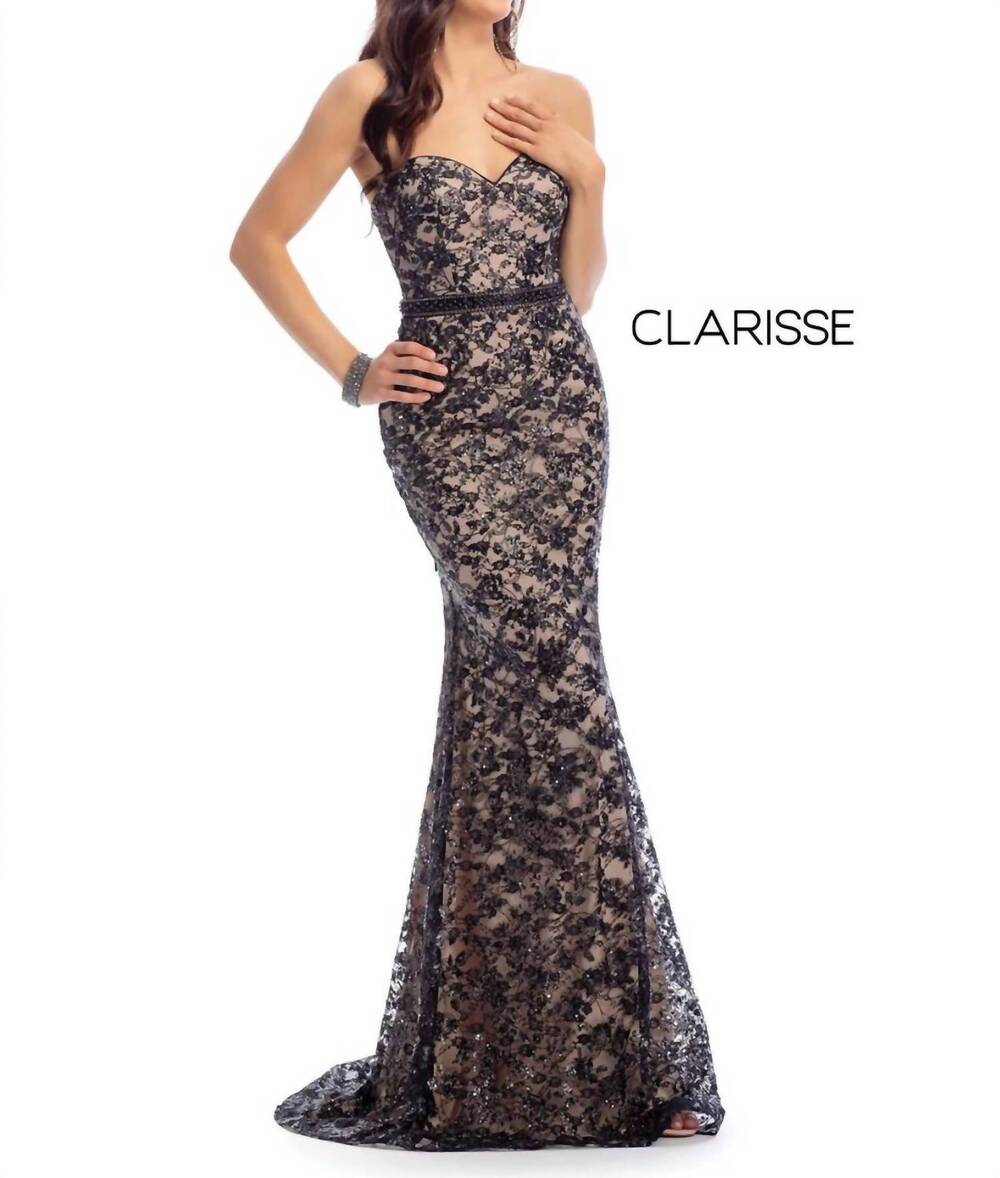 NEW CLARISSE sequined lace sweetheart trumpet prom dress in black/nude
